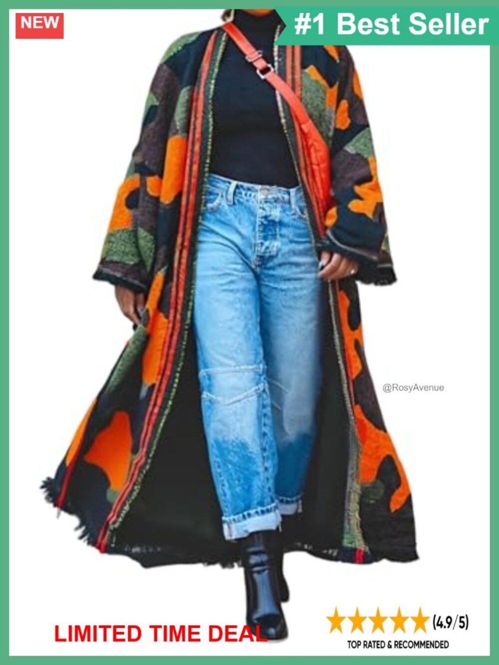 Oversized Long Camo Open Front Maxi Duster Cardigan Fringed Sweater Coat